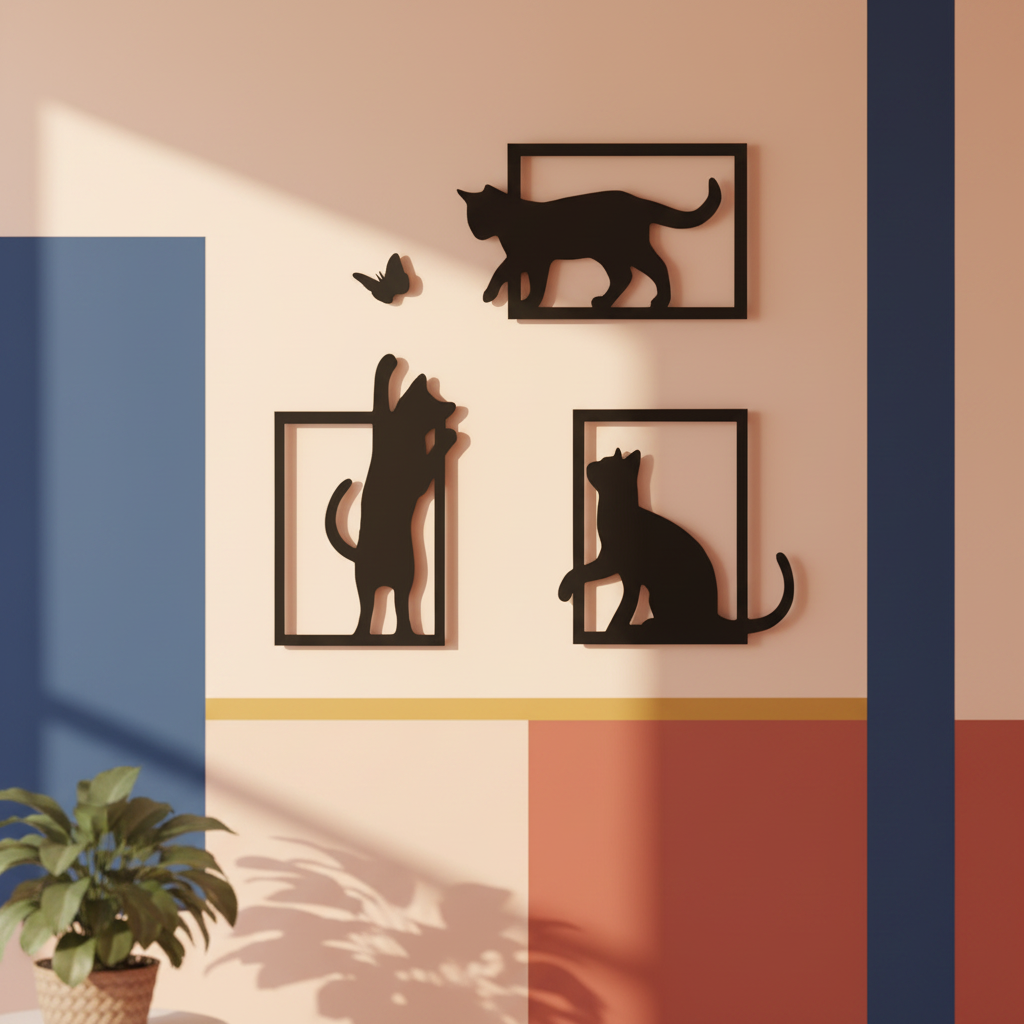 Kelebek Peşinde – 3 Parçalı Kedi Duvar Sanatı
